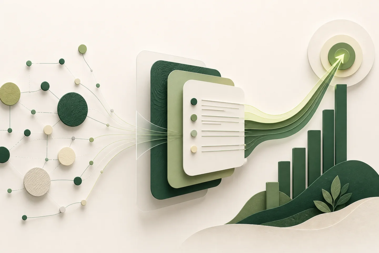 An editorial illustration of search data moving from research through measurement to a decision