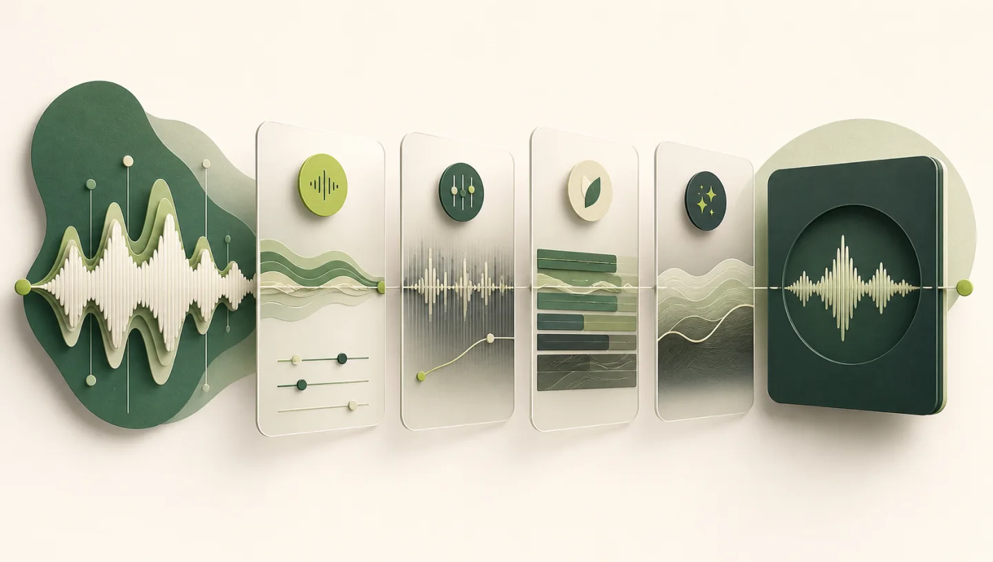 An editorial illustration of a script moving through voice generation, editing and export